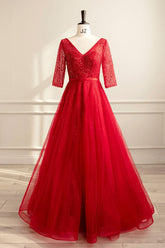 Red Prom Dress A Line Tulle Sequin Long Formal Evening Dress